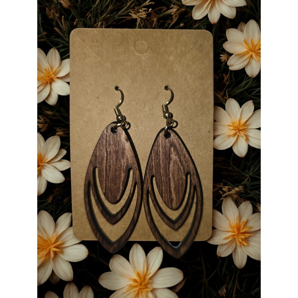 Wooden Laser Cut engraved earrings Dangle Drop hook stained 2"